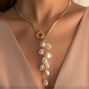 Elegant Gold & Pearl Tassel Y Necklace